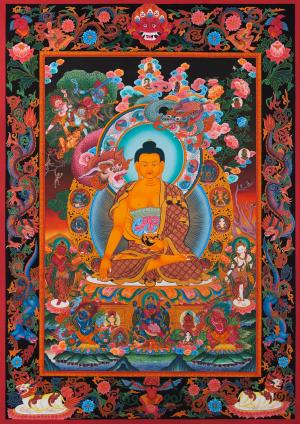 Shakyamuni Buddha Thangka With Dragon Border | Original Tibetan Buddhist Religious Painting